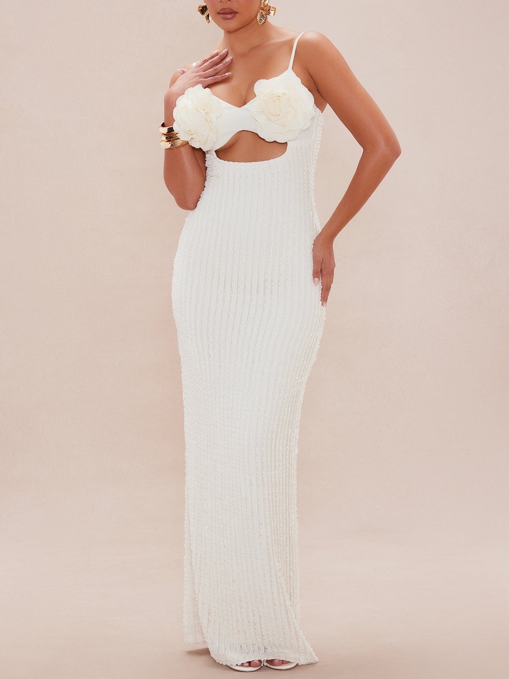 Textured Cutout Floral Applique Maxi Dress-Cream
